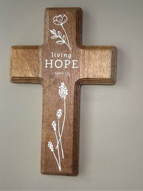 NOS Living Hope Cross 1 Peter 1:3 Solid Carved Wood Painted Mary & Martha 15.5”